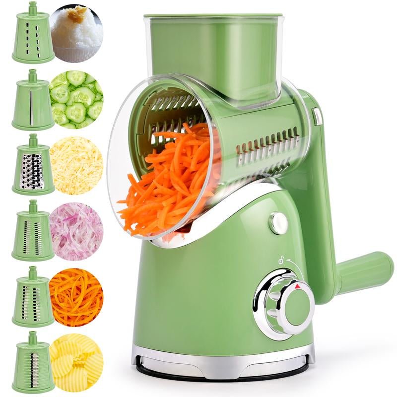 SUSTEAS Rotary Cheese Grater with Handle, 5 Well - Designed Blades, Strong Suction Cup Base, Kitchen Utensils Vegetable Slicer Dicer Fruit Vegetable Slicer Gadgets Kitchen - AuvixAuvix