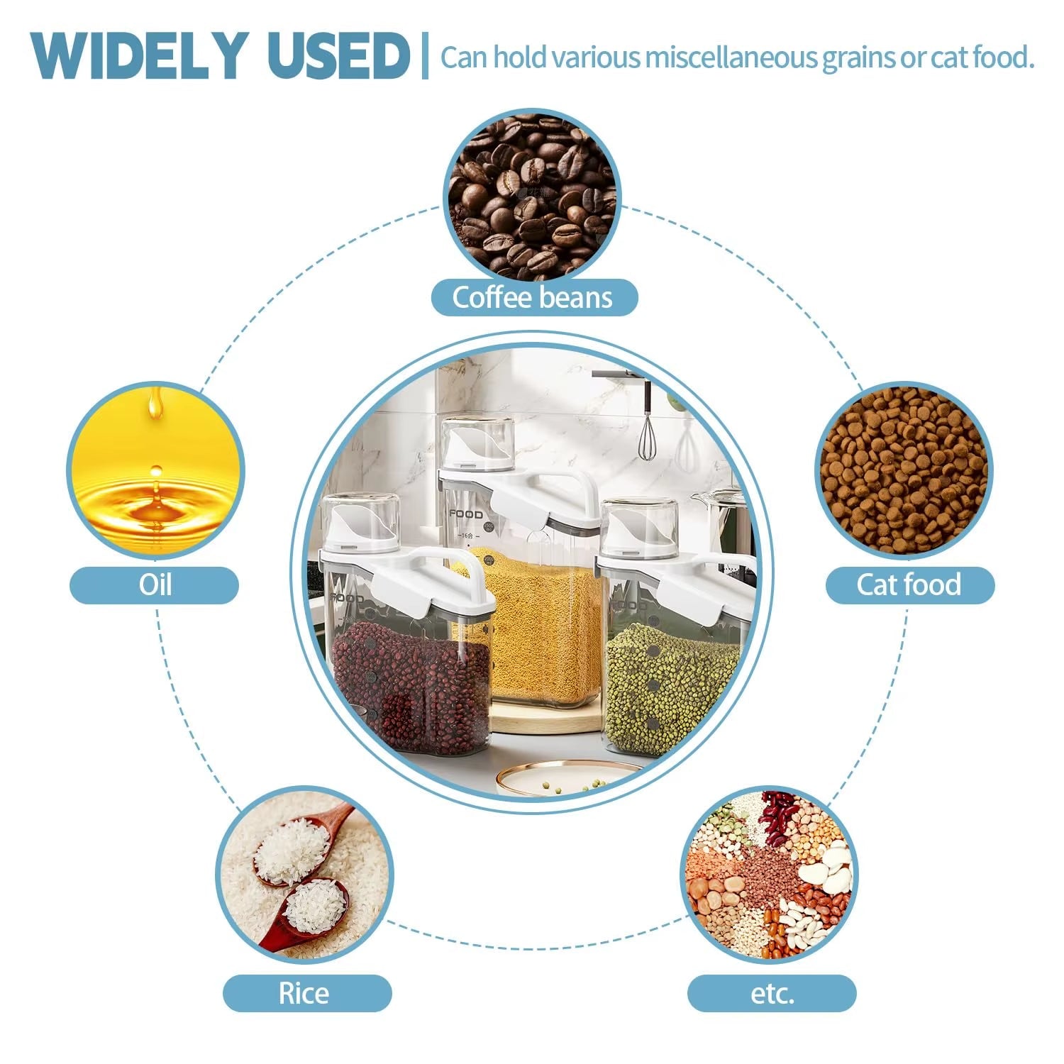 1Pc Cereal Containers Storage, Airtight Grain Jar with Measuring Cup Kitchen Organizers for Oatmeal, Grain, Flour, Pet Food - AuvixAuvix