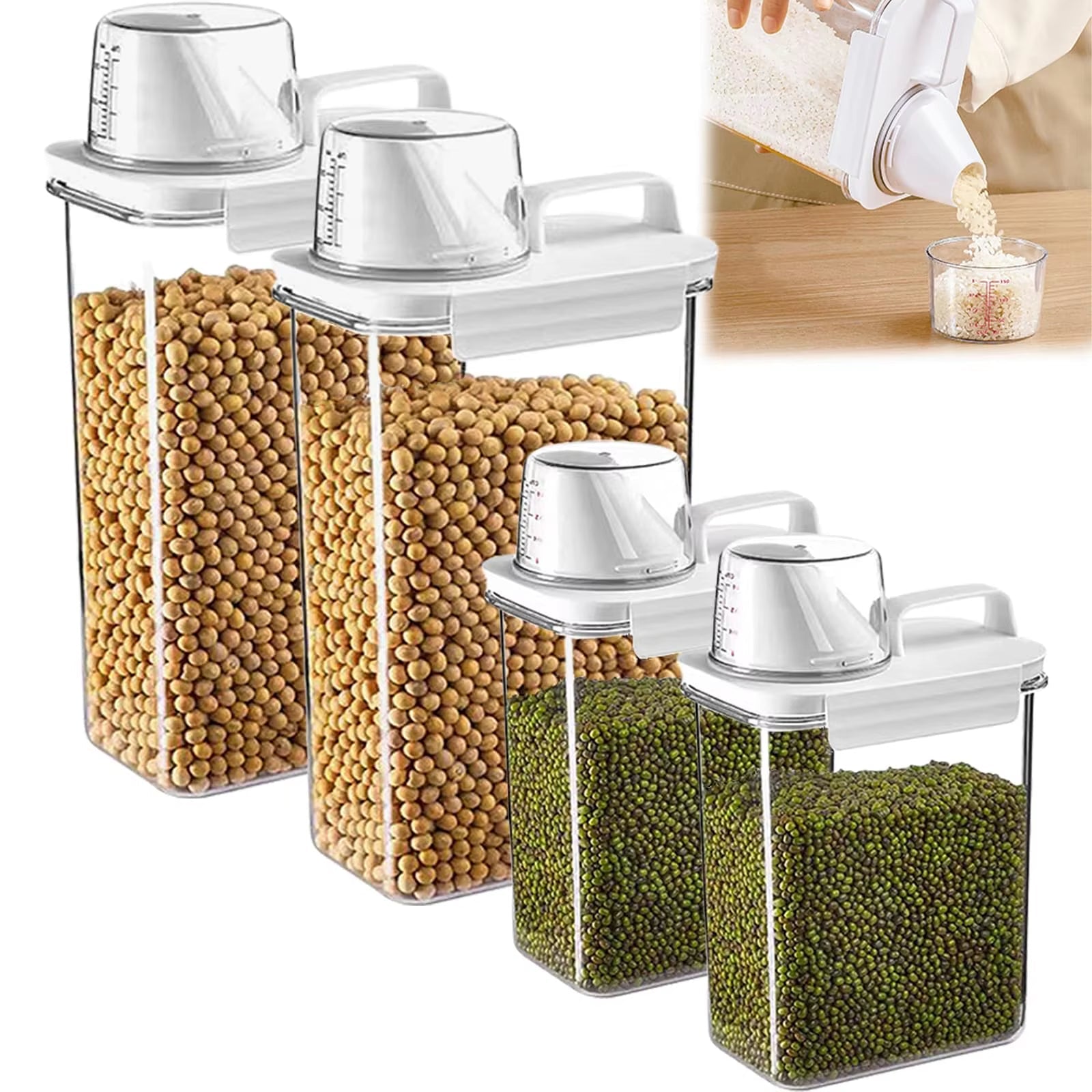 1Pc Cereal Containers Storage, Airtight Grain Jar with Measuring Cup Kitchen Organizers for Oatmeal, Grain, Flour, Pet Food - AuvixAuvix