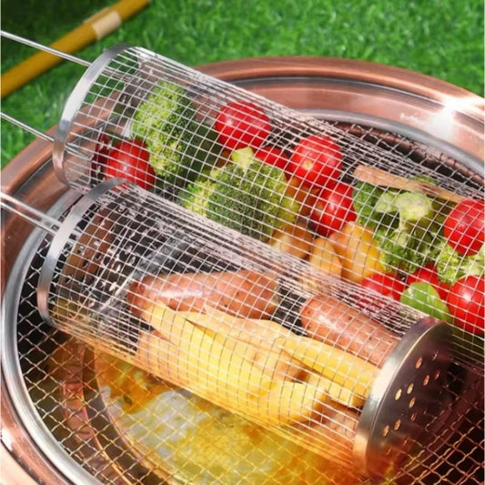 Portable Stainless Steel Barbecue Cages Grill Basket Camping Picnic Cookware Outdoor round BBQ Campfire Grid Rolling Grill Baske - AuvixAuvix