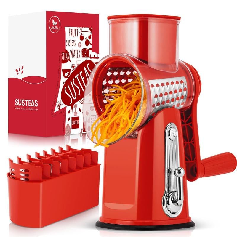 SUSTEAS Rotary Cheese Grater with Handle, 5 Well - Designed Blades, Strong Suction Cup Base, Kitchen Utensils Vegetable Slicer Dicer Fruit Vegetable Slicer Gadgets Kitchen - AuvixAuvix