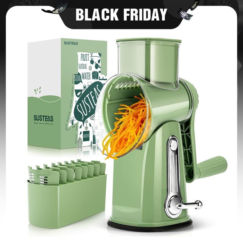 SUSTEAS Rotary Cheese Grater with Handle, 5 Well - Designed Blades, Strong Suction Cup Base, Kitchen Utensils Vegetable Slicer Dicer Fruit Vegetable Slicer Gadgets Kitchen - AuvixAuvix