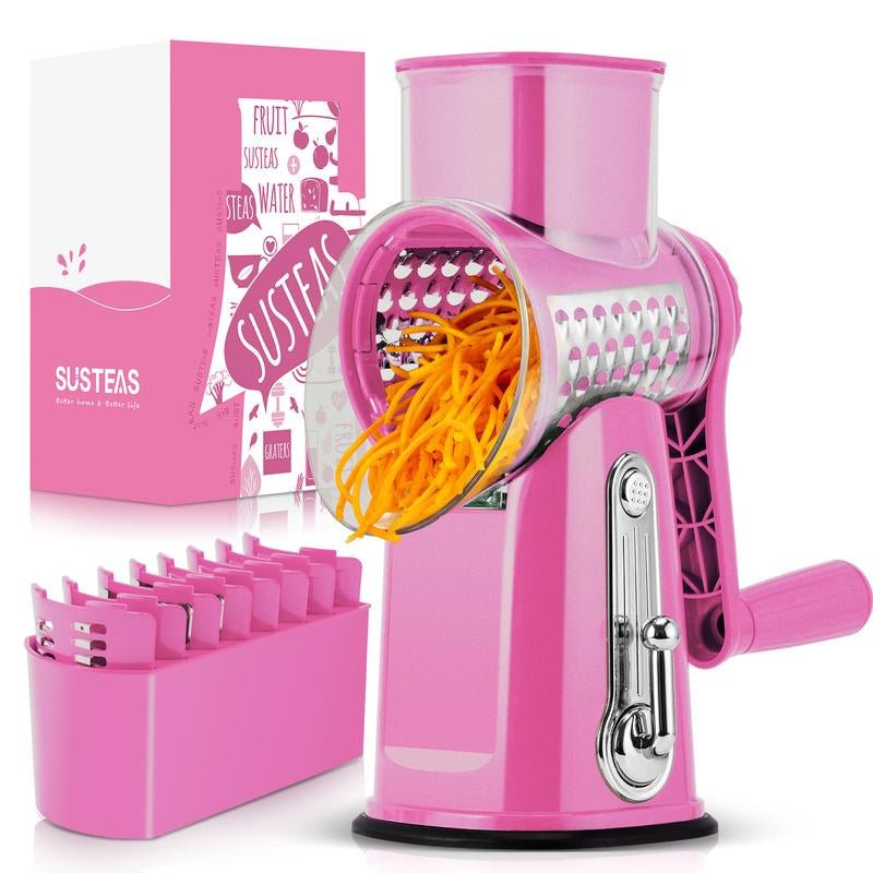SUSTEAS Rotary Cheese Grater with Handle, 5 Well - Designed Blades, Strong Suction Cup Base, Kitchen Utensils Vegetable Slicer Dicer Fruit Vegetable Slicer Gadgets Kitchen - AuvixAuvix