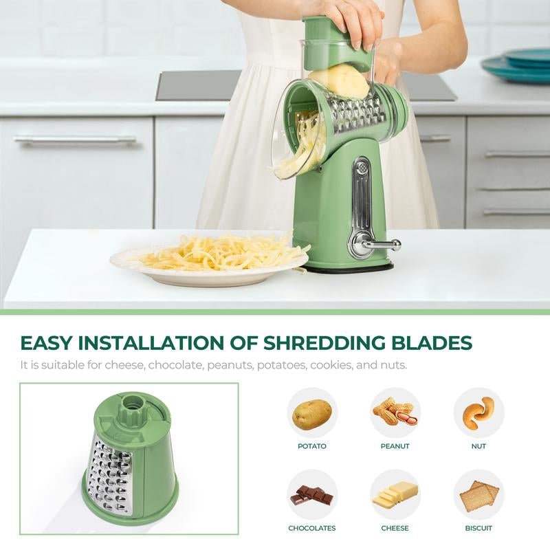 SUSTEAS Rotary Cheese Grater with Handle, 5 Well - Designed Blades, Strong Suction Cup Base, Kitchen Utensils Vegetable Slicer Dicer Fruit Vegetable Slicer Gadgets Kitchen - AuvixAuvix