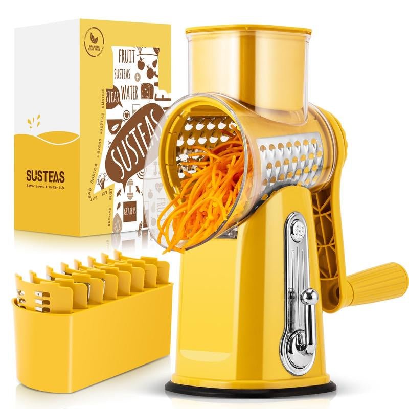 SUSTEAS Rotary Cheese Grater with Handle, 5 Well - Designed Blades, Strong Suction Cup Base, Kitchen Utensils Vegetable Slicer Dicer Fruit Vegetable Slicer Gadgets Kitchen - AuvixAuvix